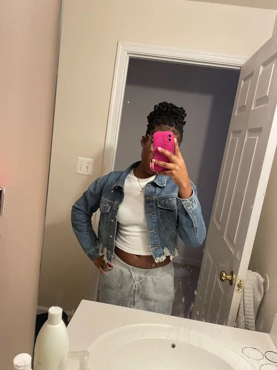 Cropped Distressed Denim Jacket - Blue - Picture 7 of 7